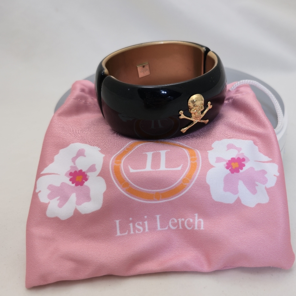 Black Hinged Bangle Bracelet With Goldtone Skull & Cross Bones